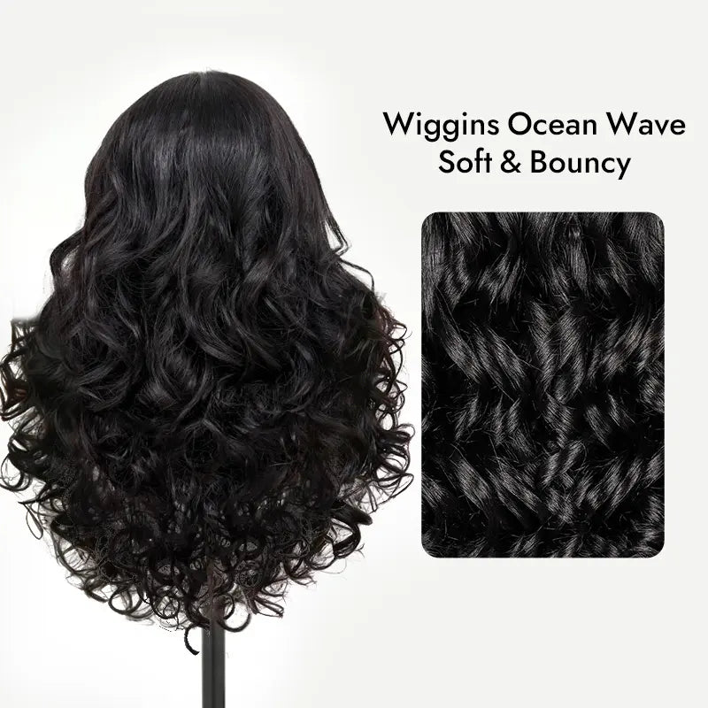 [Spring Musts] Wiggins Hair Ocean Wave Glueless Wig Pre-Cut 13X4 HD Lace Front Wig Human Hair Face Framing Curtain Bangs Wig Natural Hairline Pre-Bleached Invisible Knots